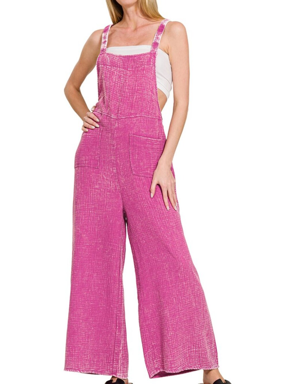 Washed Double Gauze Elastic Waist Wide Overalls in Ash Pink
